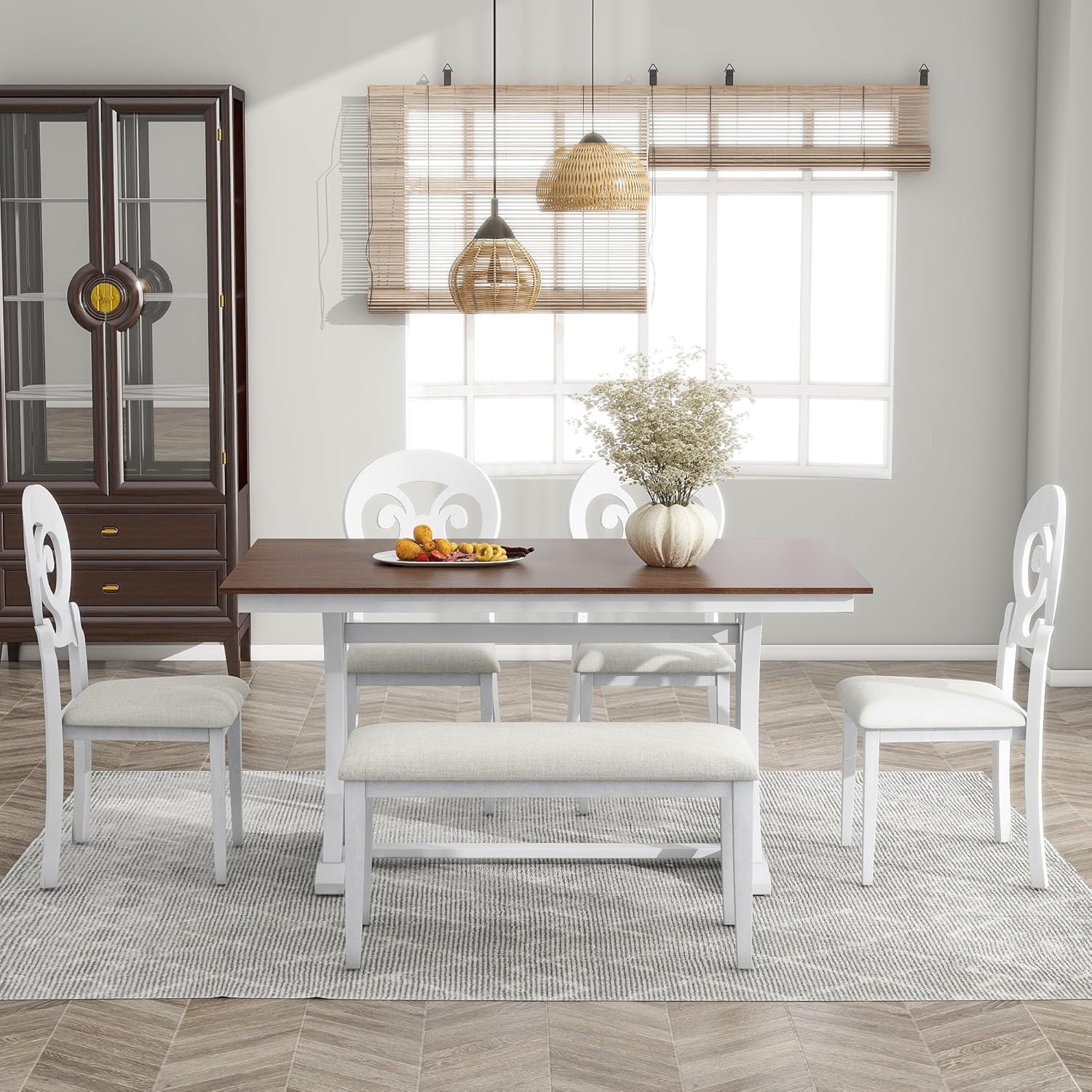 Mid-Century 6-Piece Trestle Table Set with Victorian Round Upholstered Dining Chairs,Vintage Wooden Rectangular Tabletop w/Long Bench,for Living Room/Hostel,Cherry+Antique White