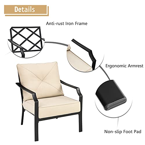 Giantex Set of 2 Patio Chairs, Outdoor Armchairs with Padded Cushions, Bistro Dining Chairs Iron-Frame Lawn Chairs for Porch Backyard Garden Balcony (Black & Beige)
