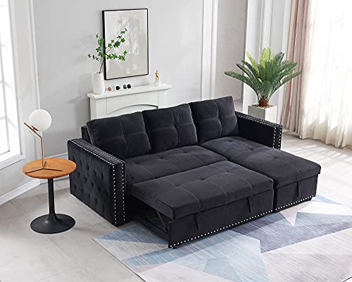 JULYFOX Black Sectional Sofa with Storage Chaise, Mid Century Modern Reversible L-Shaped Sleeper Sectional Sofa Bed Button Tufted Copper Nail Head Trim 90 inch Wide for Living Room Office