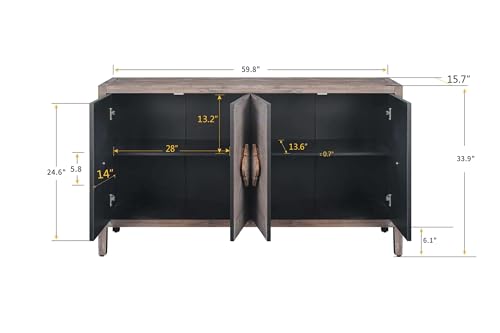 Antique Storage Cabinet Sideboard Buffet Cabinet Cupboard with 4 Carved Flower Handle Doors for Dining Room Living Room Kitchen Hallway (Black)