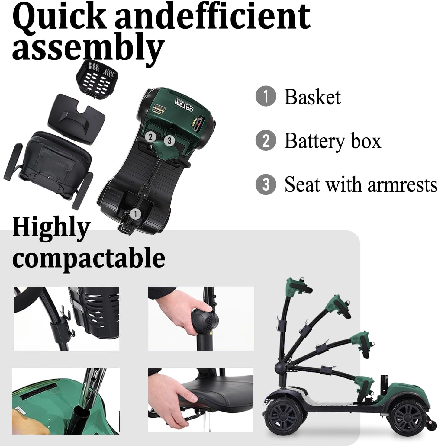 Electric Mobility Scooter for Adults Seniors Wheelchair Device for Travel 4 Wheel Folding Scooter with Seat-300 lbs Max Weight Long Range Power Extended Battery with Charger and Basket - Green