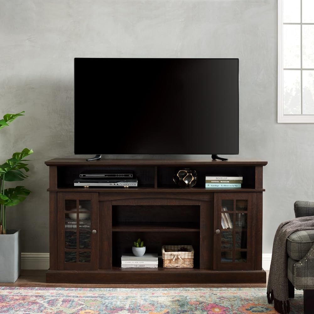 Tv Stand Corner Television Cabinet for Up to 65" with Storage Living Room Entertainment Center Console Table Brown Classic Mid-Century Modern MDF Veneer Textured