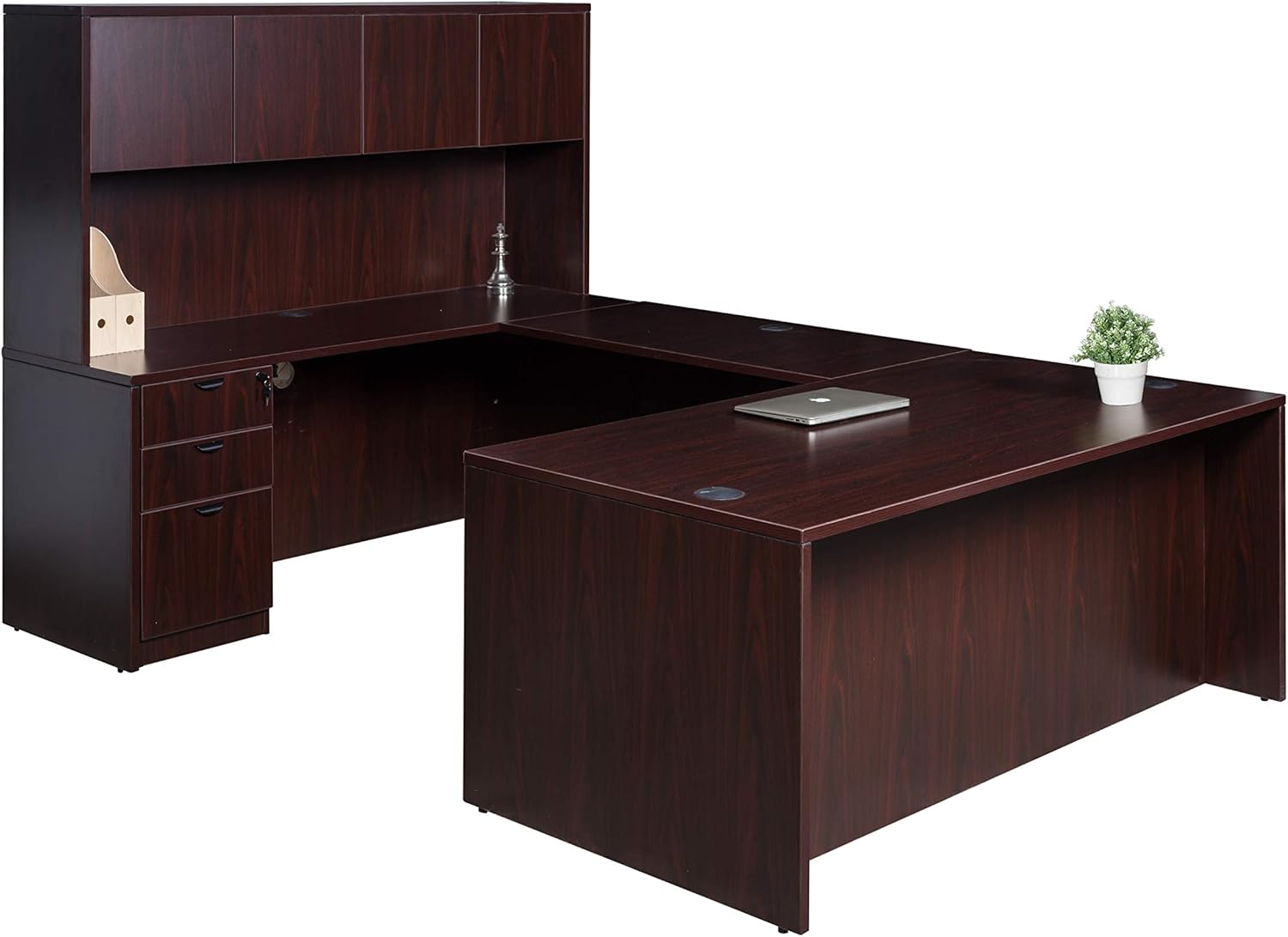 Boss Office Products Holland Series 71" Executive U-Shape Desk with Pedestal File Storage and Hutch, Mahogany