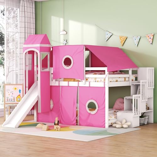House Full Loft Bed with Slide,Storage Stairs and Tent, Wood Kids Loft Bunk Bed with Tower and Ladders, Playhouse Full Bed Frame for Kids, Teens, Boys & Girls (Full, Dark Blue)