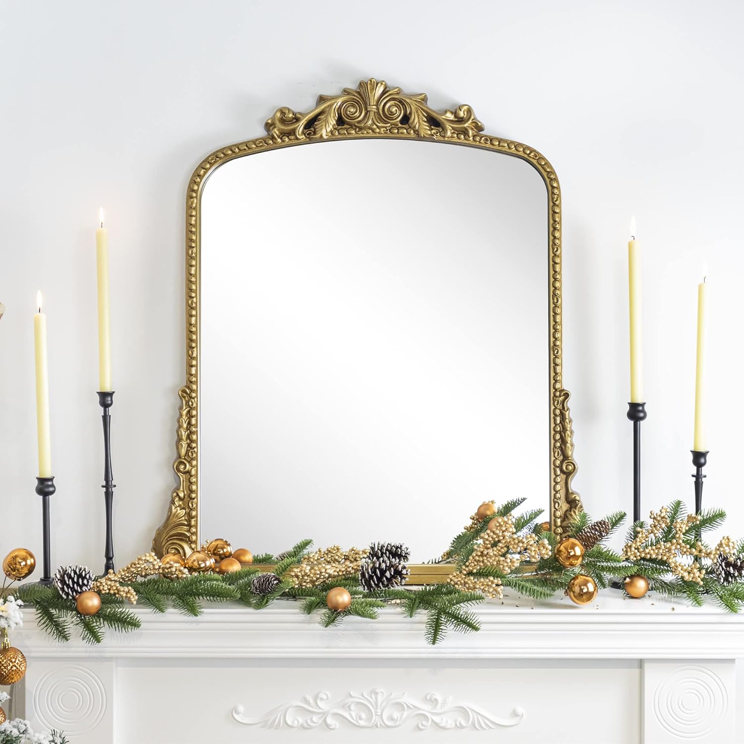 Antiqued Gold Ornate Mirror Arched Mantel Wall Mirror Baroque Inspired Bathroom Vanity Rectangle Wall Mounted Mirror, 30 x 34''