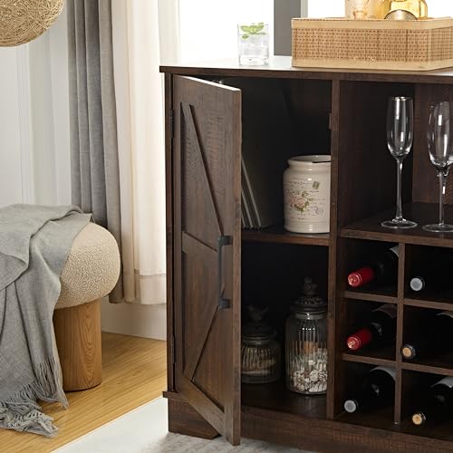 Farmhouse Coffee Bar Cabinet Bar Cabinet with Wine Rack Barn Door Buffet Sideboard Cabinet, Adjustable Storage Shelves, Accent Cabinet for Kitchen, Living Room, Dining Room (Gray Wash)