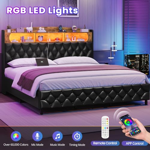 King Size Lift Up Storage Bed Frame, King Platform Bed with Storage & LED LIghts & Charging Station, Upholstered Storage Headboard, No Box Spring Needed, Noise Free, Easy Assembly