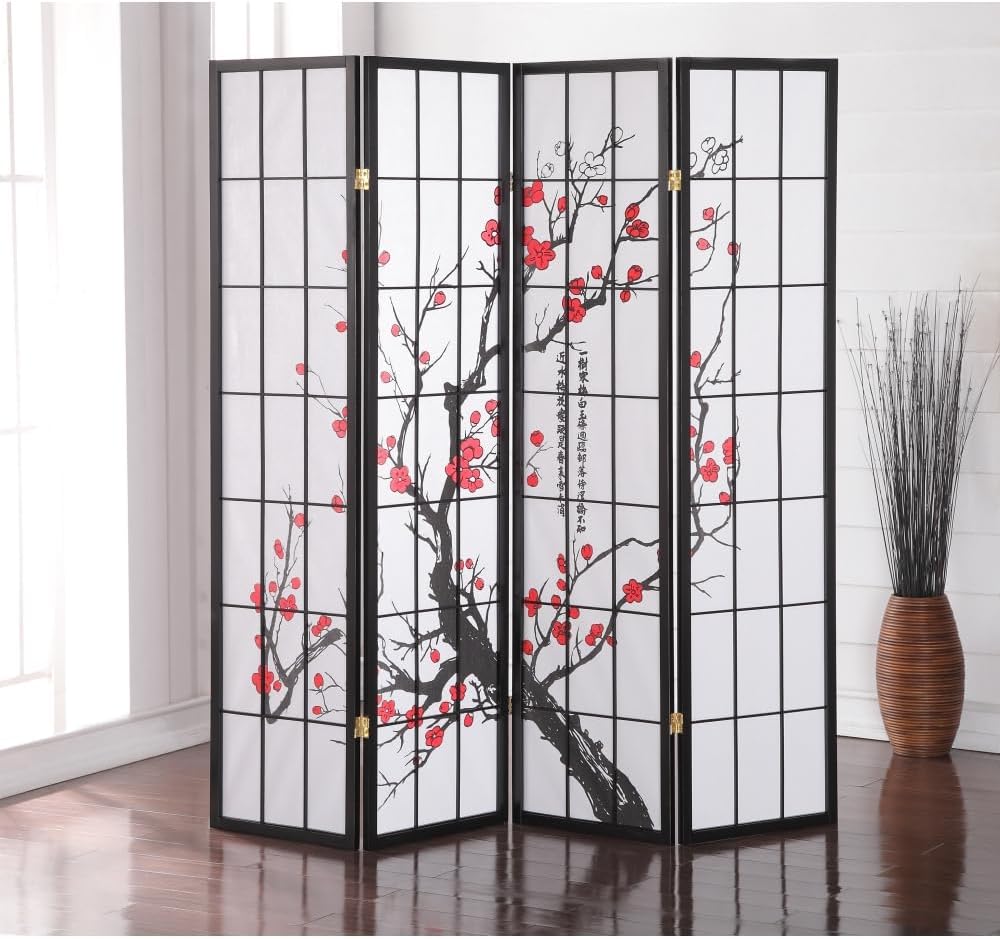 Japanese Style 4-Panel Screen Room Divider, Folding Shoji Screen Room Partition with Plum Blossom Design Portable Divider Freestanding Privacy Partition Screen for Rooms Office Indoor