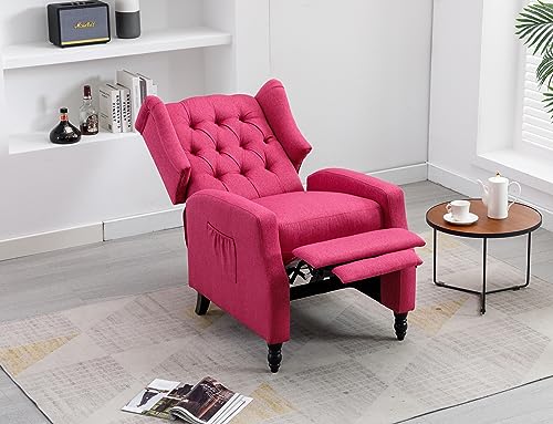 KINFFICT Mid Century Wingback Recliner Chair, Push Back Accent Armchair with Side Pocket, Modern Lounge Chair Single Sofa Arm Chair for Living Room, Bedroom, Office, Rose Red
