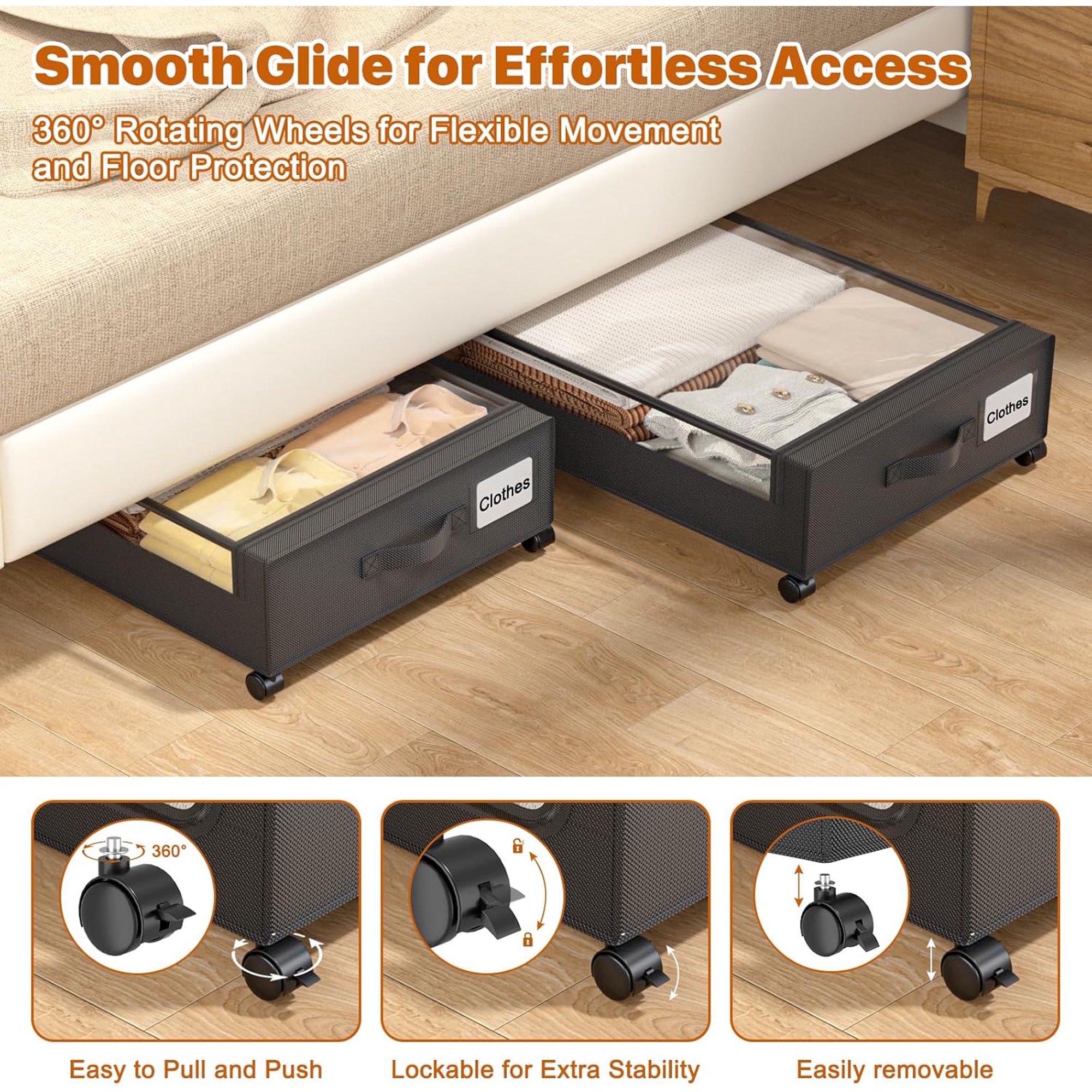 Under Bed Storage with Wheels, 4 Pack Under Bed Storage Containers with Clear Lids, XXL 60L Under-Bed Organizers for Clothes, Shoes – Durable Storage Bins with Smooth Rolling Wheels (White, 4 Pack)