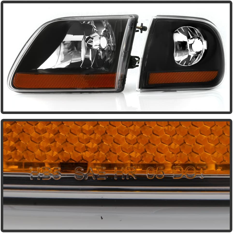 ACANII - For 1997-2003 Ford F150 Black Housing [Harley Davidson Style] Headlights w/Corner Lights Assembly Left+Right