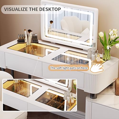 Vanity Table with Drawers - Fashion Vanity Table Set | LED Makeup Mirror & Chair Included | Solid Wood Bedroom Vanity | Atmosphere Light Design | New Makeup Experience (White, 40")