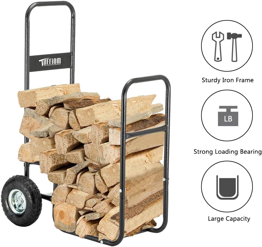 ROVSUN Firewood Cart Wood Hauler Fireplace Log Carrier Mover, Outdoor Indoor Wood w/ Rolling Wheel Dolly Storage Holder