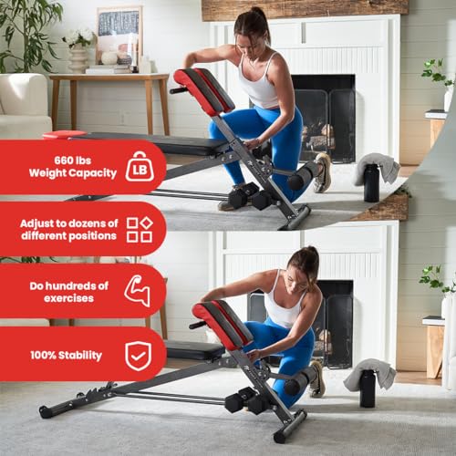 Finer Form Multi-Functional Weight Bench for Full All-in-One Body Workout – Versatile Adjustable Workout Bench for Home Gym. Fitness equipment perfect for Back HyperExtension, Bench Press, Roman Chair Exercise, Sit up. Adjusts to Decline or Flat Benc