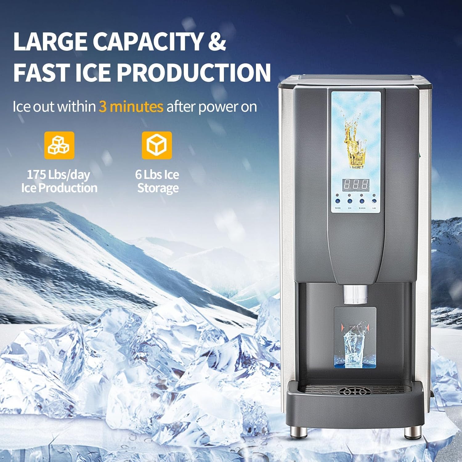 Commercial Ice Maker Countertop, 12 Cubes Ready in 4 Mins, 175lbs in 24Hrs, Intelligent Sensing Ice Machine with RO Fiber Membrane Filter, 132lbs Nugget Ice Maker for Home, Kitchen, Office