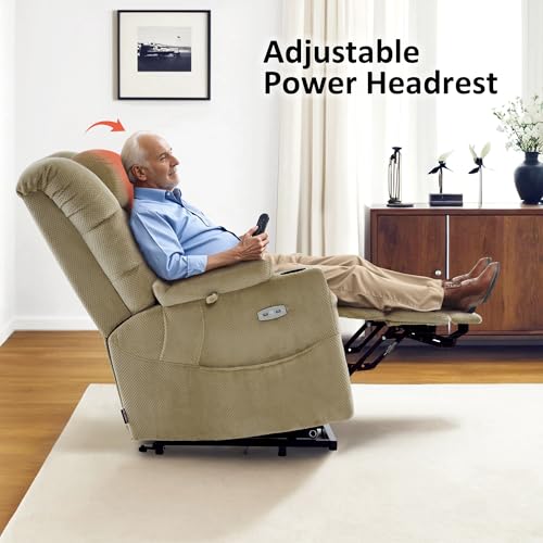 MCombo Large Triple Motor Power Lift Recliner Chair with Massage and Dual Heating, Adjustable Headrest for Tall Elderly People, Fabric 7634 (Grey, Large)