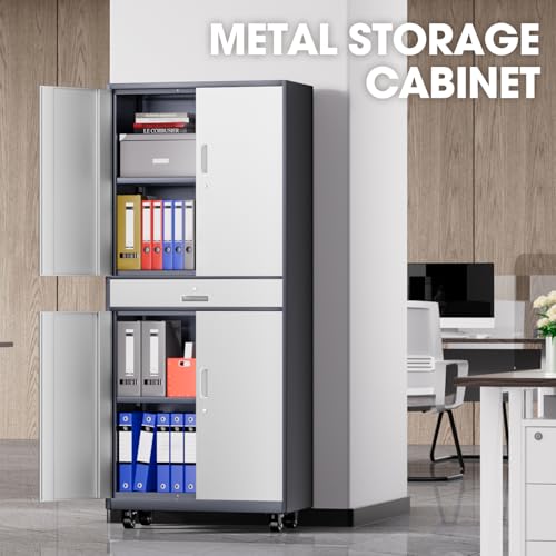 DNA MOTORING 71'' Metal Storage Cabinet, Locking Tool Cabinet with 1 Drawer and Adjustable Shelves, Lockable Heavy Duty Metal Locker for Garage,Office,Home,Gym, Gray, TOOLS-00629-GY-GY-A