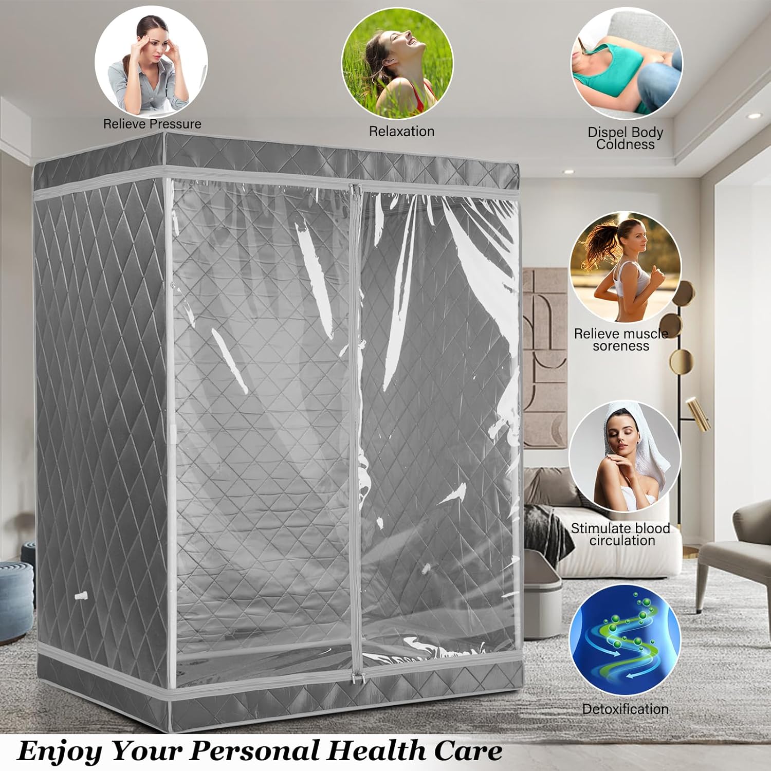 Full Size 2 Person Sauna Tent, Portable Steam Sauna Tent for Home, 2 Person Foldable Lightweight, Full Body Portable Sauna Tent for Home, 2 Person Foldable Chair, Steamer Not Included (Grey)