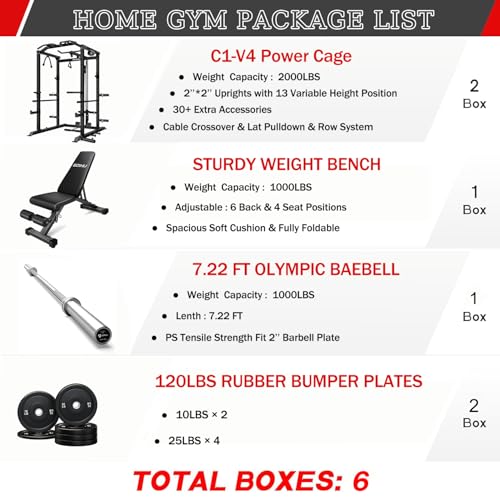 C1-V4 Power Cage, 2000LBS Squat Rack with LAT Pulldown, Multi-Function Weight Cage Strength Training Machine, Workout Cage with More Attachments for Home Gym Garage