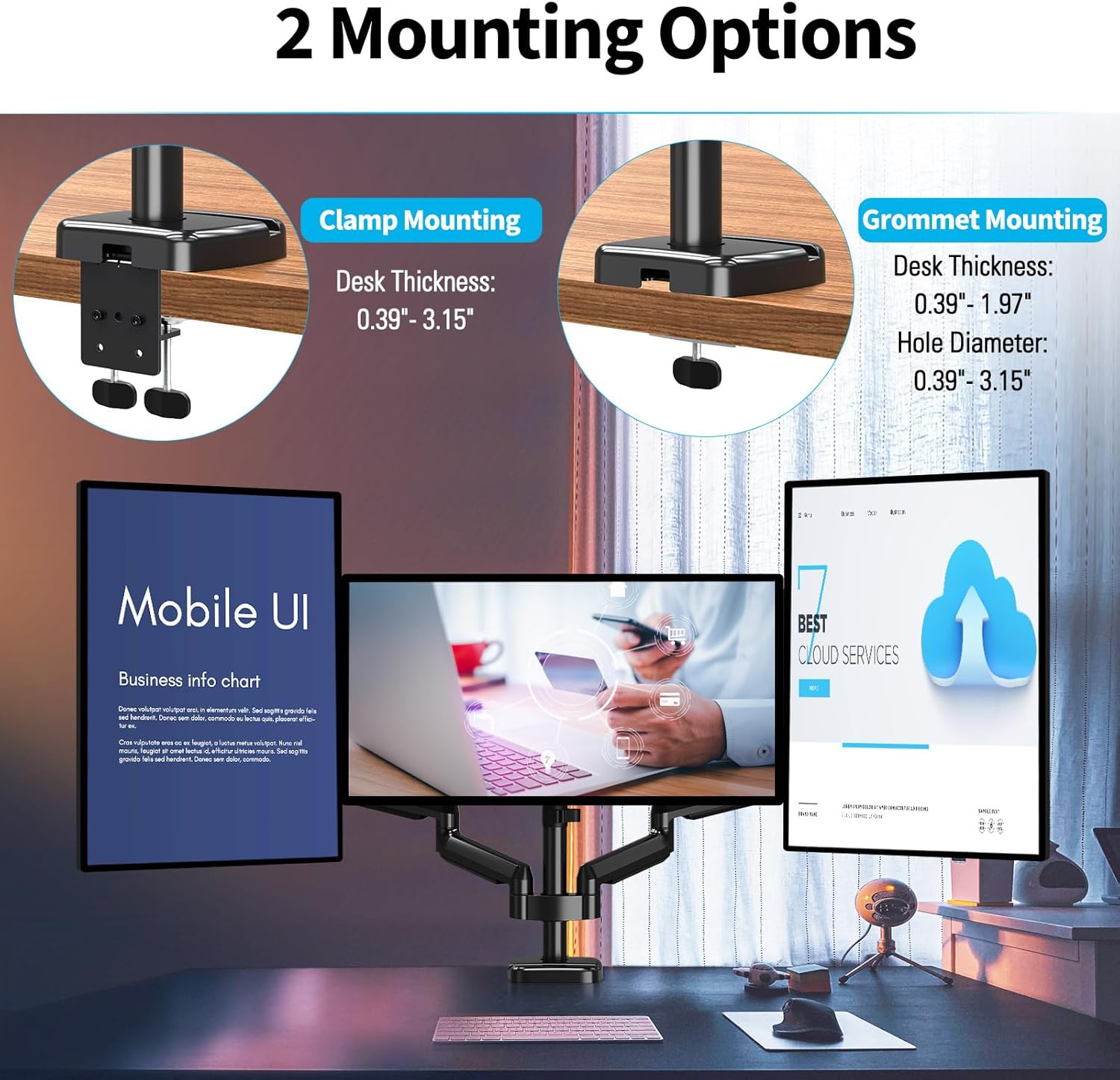 MOUNTUP Triple Monitor Mount - Monitor Desk Mount for 3 Computer Screens Up to 27 inch, Triple Monitor Arm with Gas Spring, Heavy Duty Monitor Stand, Each Arm Holds Up to 19.8 lbs