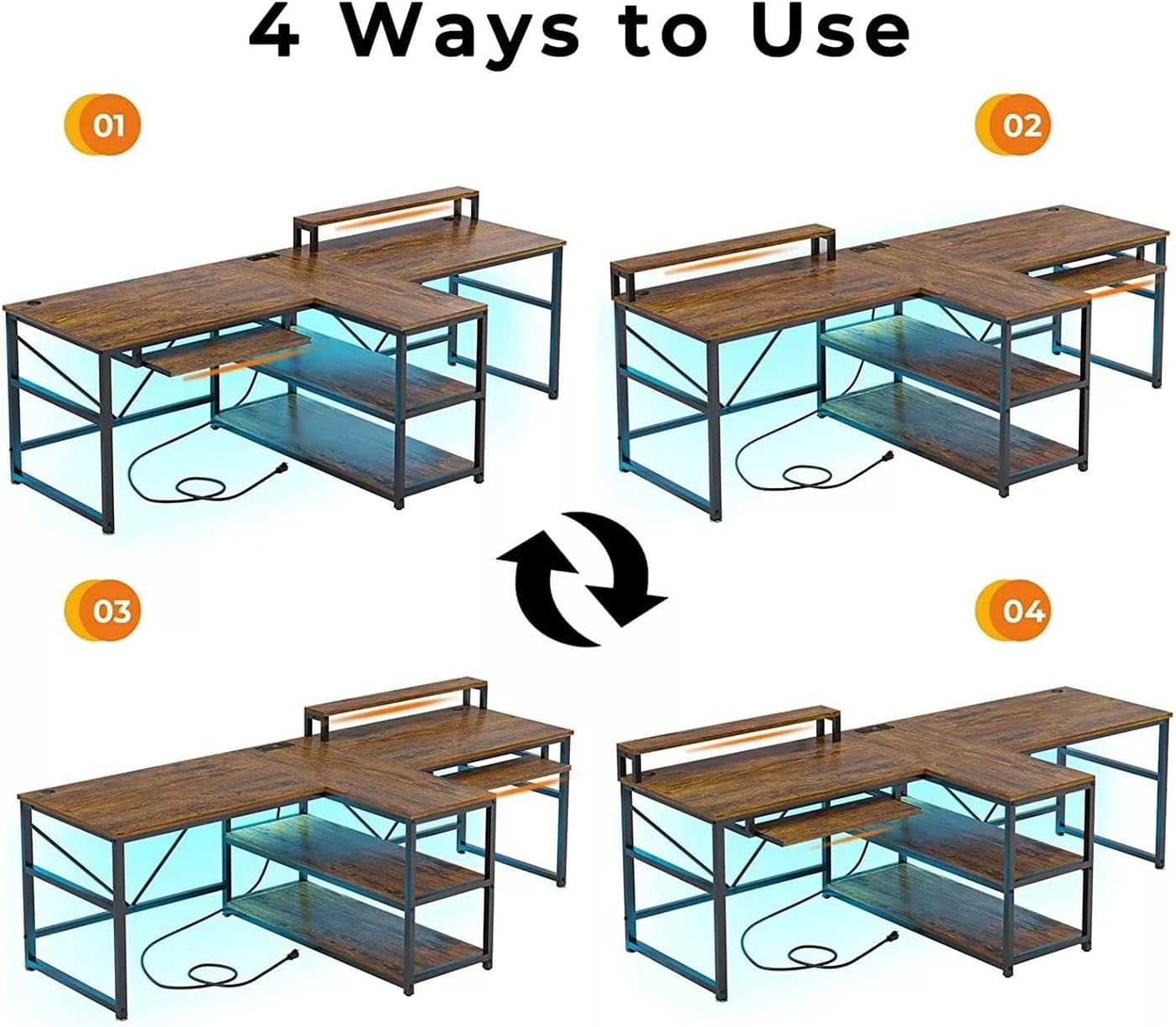 New Brown 95 Inches Home Office Desks Computer Gaming Desk Extra Long Double Desk for 2 Person RGB LED Lights Shelves Table Gamer Ergonomic Storage Shelf Home Office Wood Modern 94.5"L x 39"W x 30"H