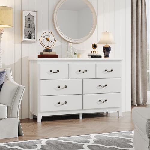 6 Drawer Dresser for Bedroom, Chest of Drawers with Retro Metal Handle, Wood Double Storage Organizer Cabinet for Living Room, Hallway, Antique White