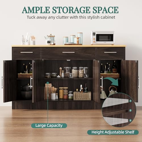 Shintenchi Buffet Cabinet with Storage,53.4" Large Kitchen Storage Cabinet with 3 Drawers and 4 Doors,Wood Farmhouse Buffet Cabinet with Adjustable Shelf for Kitchen Living Room,Brown