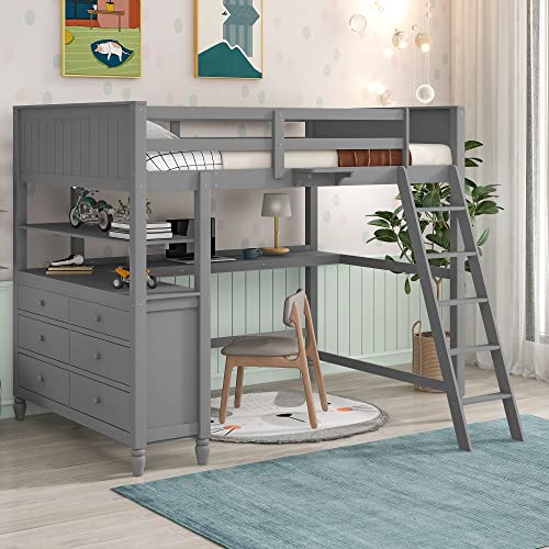 Gray Twin Loft Bed with Storage Cabinet and Desk, Wooden Loft Beds Frame with Bookcase and Shelves, Modern Twin size Loft Bunk Bed for Kids Teens Adults Boys & Girls (Twin, Gray)