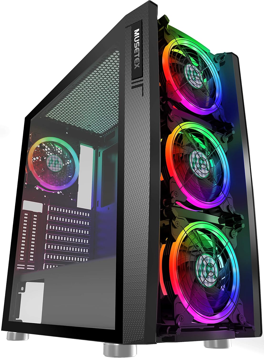 MUSETEX ATX PC Case, Mid-Tower Computer Gaming Case with 6 Pcs ARGB Fans Pre-Installed, USB 3.0, Tempered Glass Panels, Black, MS6-HB