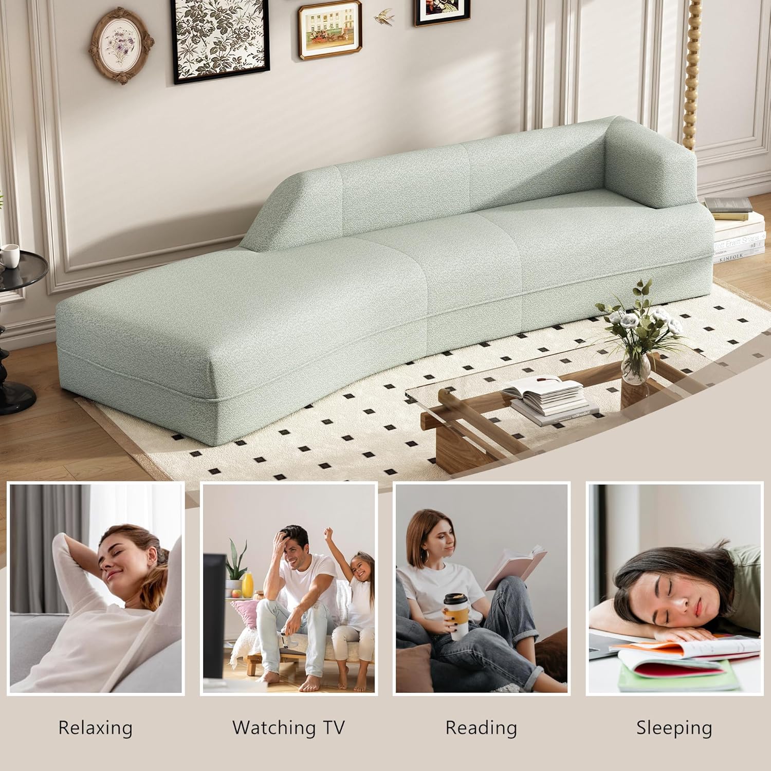 109.4" Modern Cloud Curved Sofa, Upholstery Boucle Chaise Lounge Sofá, Comfy Deap Seat Sectional Couch with Left Arm Facing for Living Room, Apartment, A-Green a