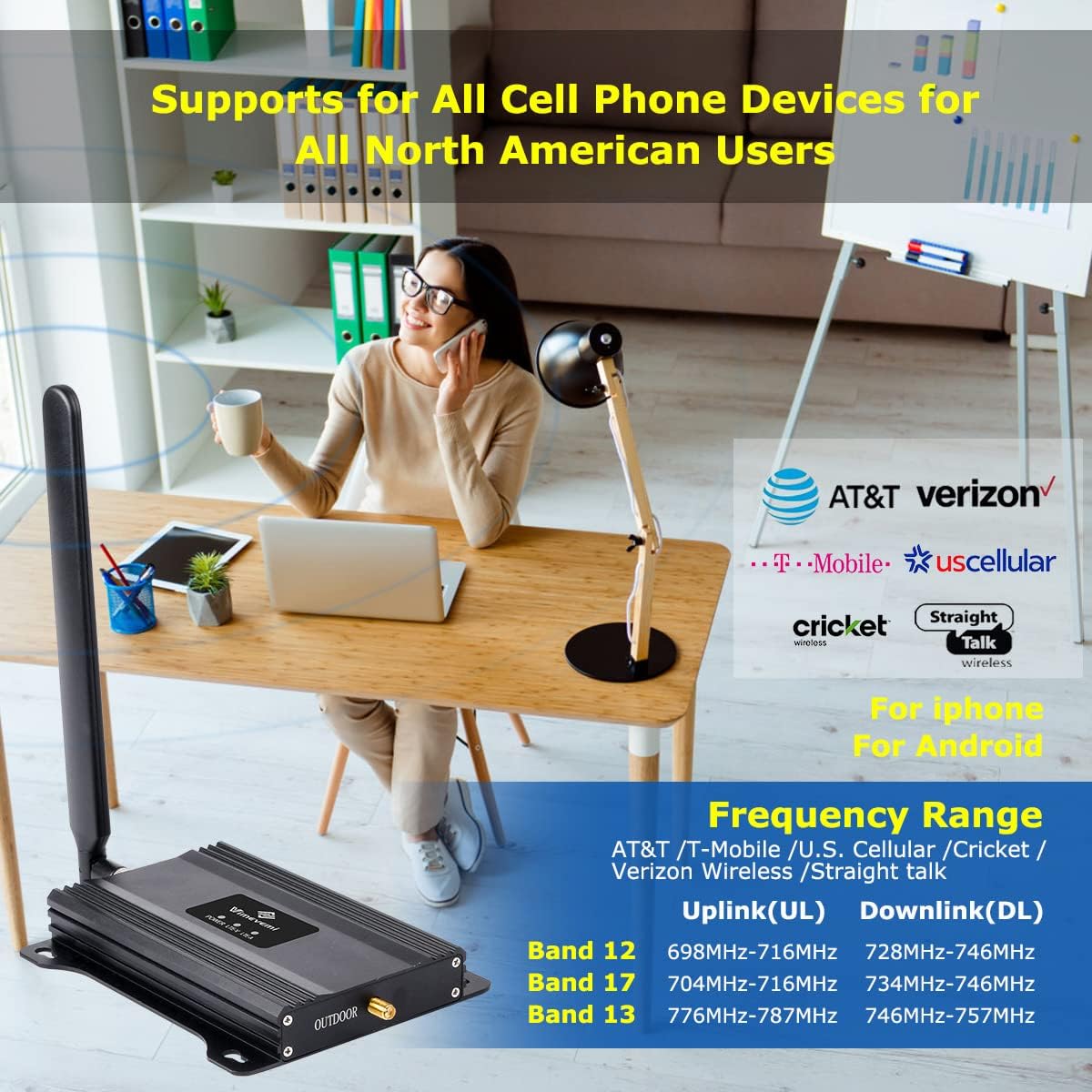 Verizon Cell Phone Signal Booster T Mobile AT&T Signal Booster 4G LTE 5G Band12/13/17 All Carriers Cell Phone Booster Verizon Network Extender Veriozn Signal Booster ATT Cell Booster for Home 4000sqft