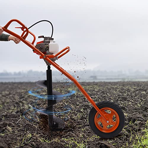 63CC Post Hole Digger 3HP Gas Powered Earth Auger Borer Ground Drill Gasoline Earth Auger Wheelbarrow with 11" Bit for Fence Ground Drill Garden Tree Planting (Red)