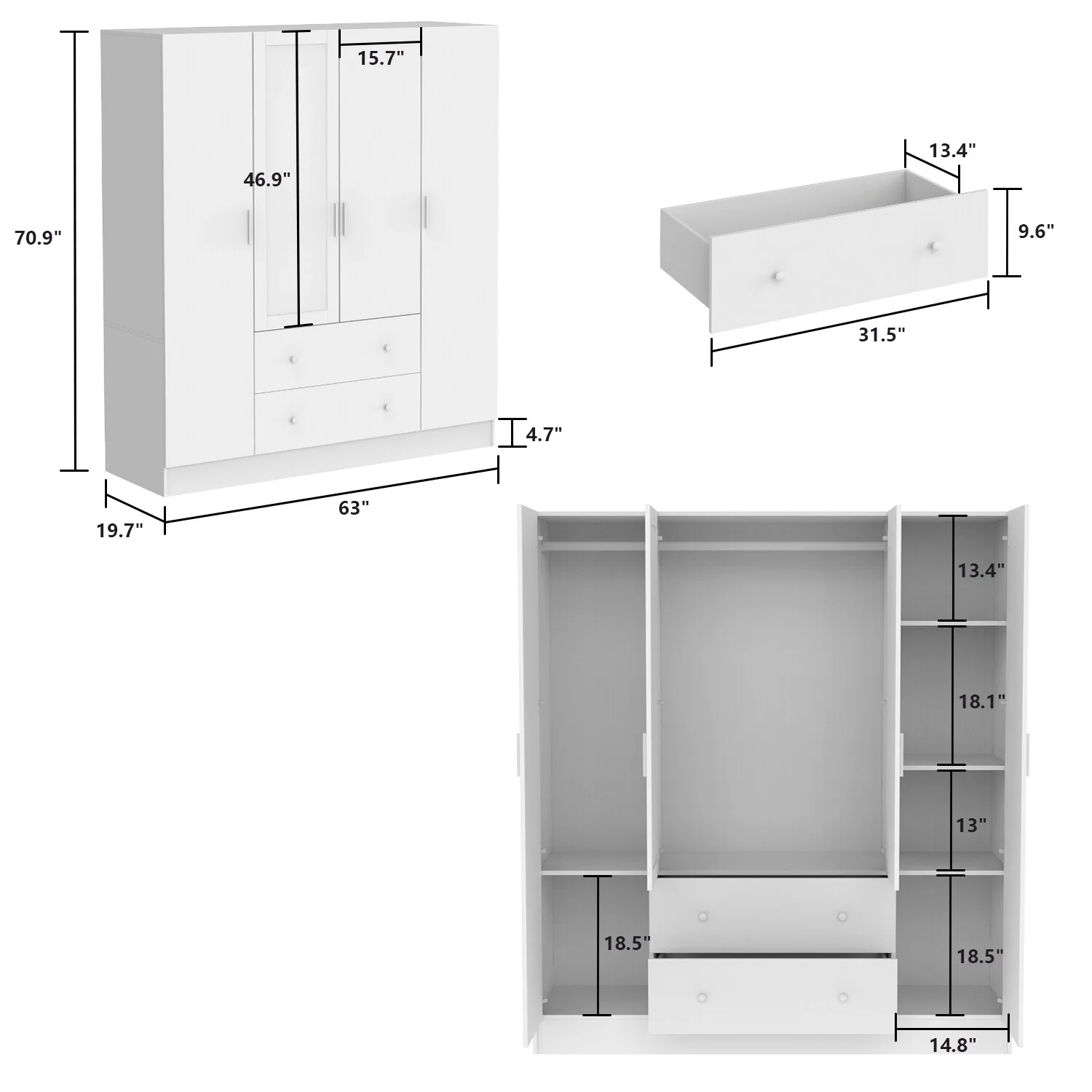 Timechee Wardrobe Armoire Wooden Closet with Mirror 4 Doors 2 Drawers White