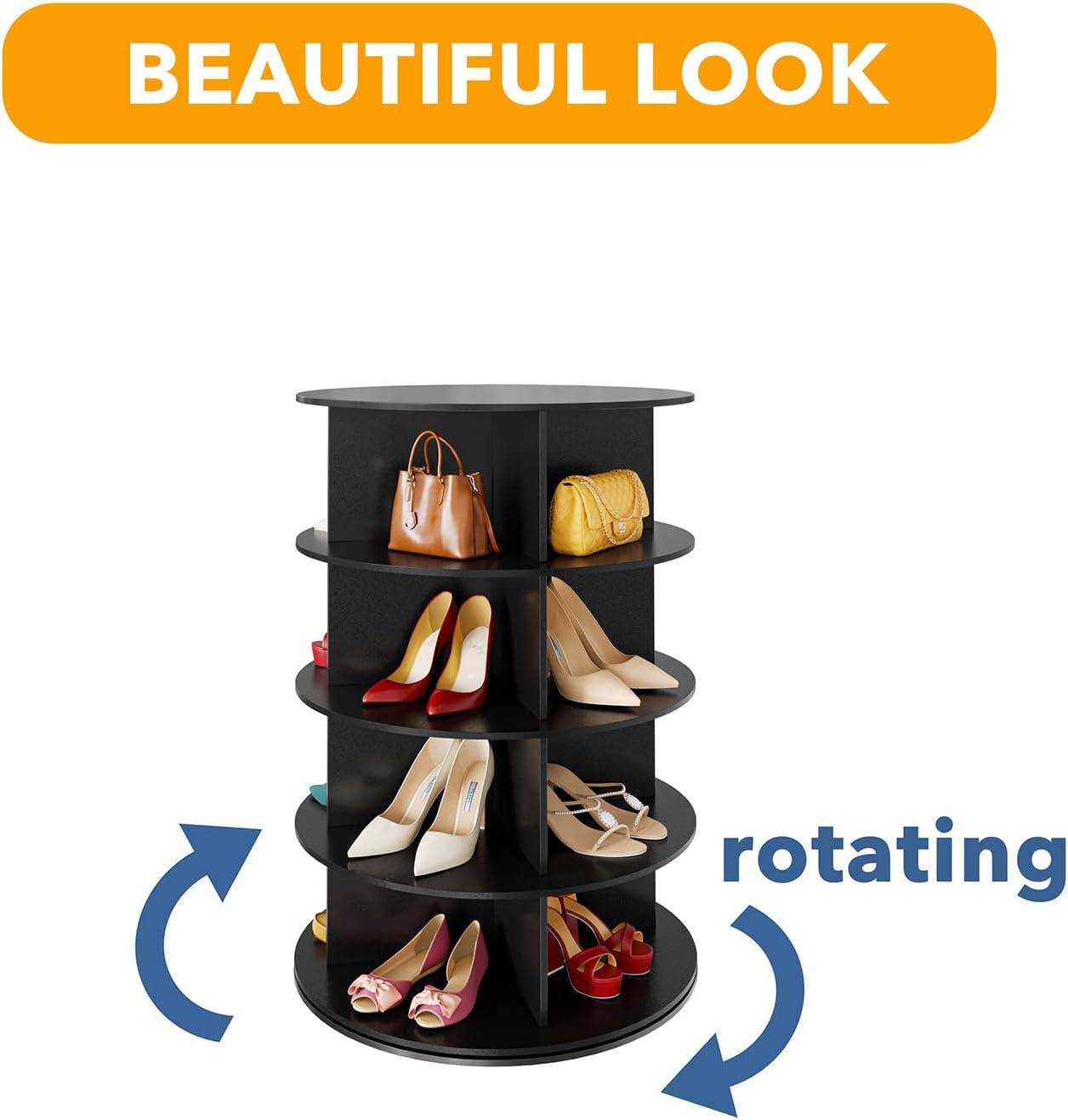 SpaceAid 4 Tier Rotating Shoe Rack Tower, Spinning Shoe Display Lazy Susan, Revolving 360 Shoe Rack Storage Round Carousel, Vertical Handbag Rotate Shoes Closet Organization (4-Tier Black)