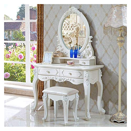 Luxury Dressing Vanity Table w/Stool for Bedroom, 2 in 1 Makeup Vanity Desk European Style Dressing Table Mini Dressing Desk Solid Carved Table with Stool(100cm)
