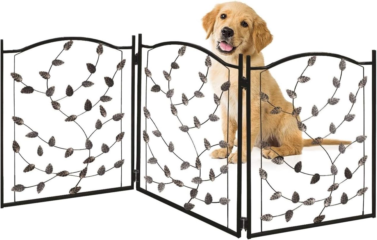 Bundaloo Freestanding Metal Folding Pet Gate | Large Portable Panels for Dog & Cat Security | Foldable Enclosure Gates for Puppies | Indoor & Outdoor Safety for Pets (Black Rustic, Metallic Leaf)