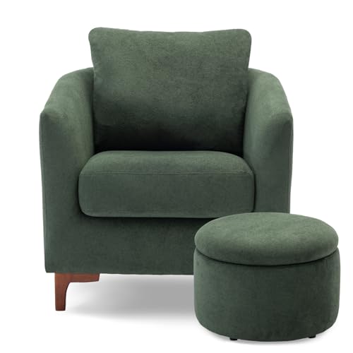COLAMY Velvet Accent Chair with Storage Ottoman Set of 2, Upholstered Barrel Arm Chair with Footrest, Modern Living Room Chair with Back Pillow, Camel
