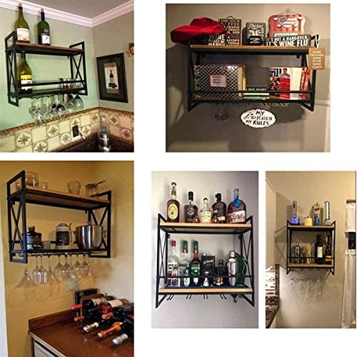 Industrial Wine Racks Wall Mounted,Hanging Wine Rack,Ic Wall Shelf with 4 Stem Glass,2-Tiers Wood Floating Shelves,Home Kitchen Decor Display Rack,Black,60X20X53Cm/Black/60 * 20 * 53Cm