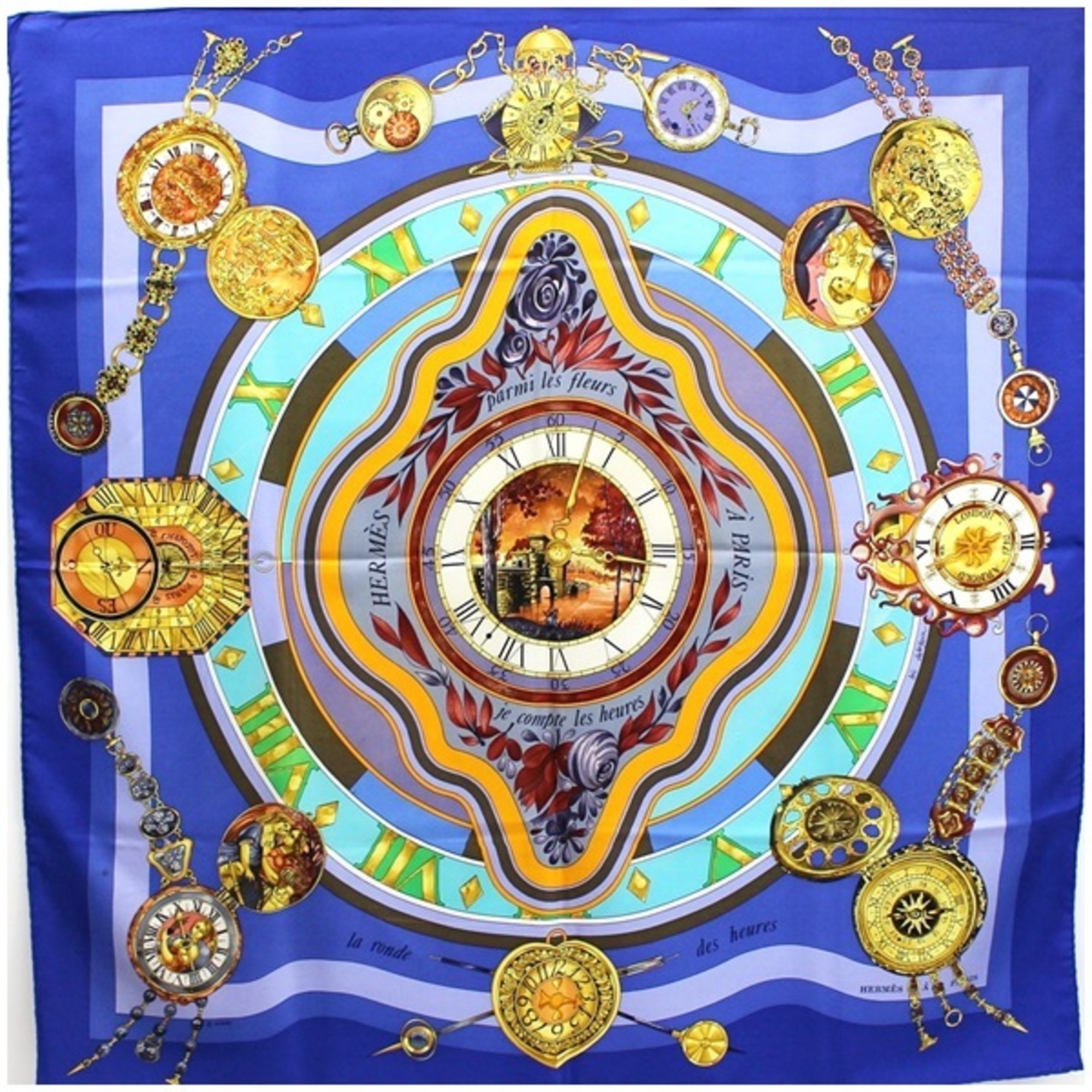 Pre-Owned Hermes Silk Scarf Muffler Carre 90 "permi lesfleurs je compt les heures" Time spent in flowers HERMES Ladies (Good)