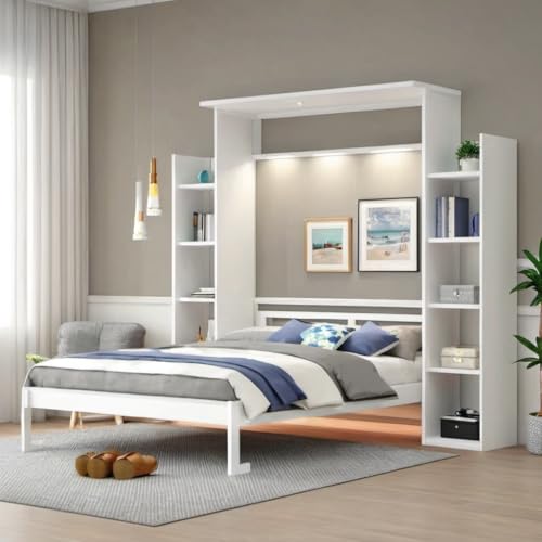 Queen Size Murphy Bed Wall Bed with 2 Side Cabinet Storage Shelf & Desk Combo,68-inch Vertical Wall Bedframe w/Can Be Folded for Bedroom Guest Room Small Space, White