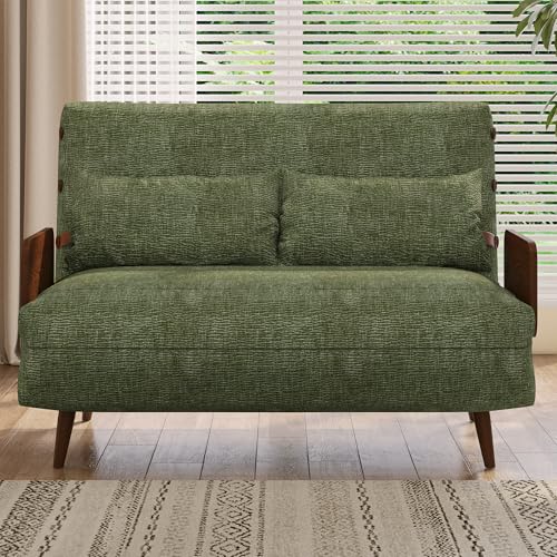 3-in-1 Convertible Chair Bed Sleeper for Adults, Linen Convertable Sleeper Chair with Wooden Arms & Pillows, Foldable Single Futon Sofa Bed (Mid Century with Walnut Arm, 36.6" Wide)