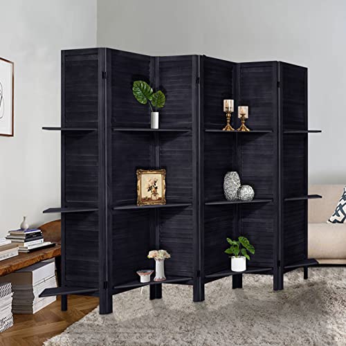 Room Divider with Shelves, Privacy Screen, Room Dividers and Folding Privacy Screens, 5 Panel Wood Temporary Wall Partition Separation Separator, Coconut