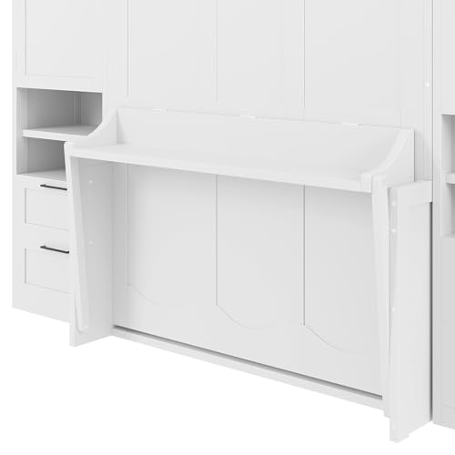 KLMM Wooden Murphy Bed Wall Bed with 2 Wardrobe and Storage Shelf,Foldable Platform Bedframe for Guest-Room Bedroom Study Office Use (White#E, Full)