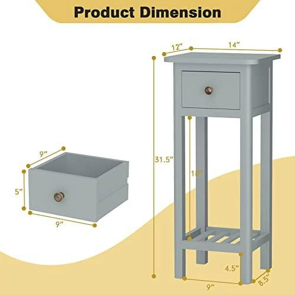 HJZBNONE Narrow Side Table  Small End Table for Small Spaces  Farmhouse Acacia Wood Slim Side Table  Small Bedside Tables Thin Nightstand w/Drawer &amp; Open   No Assembly Required  14 x