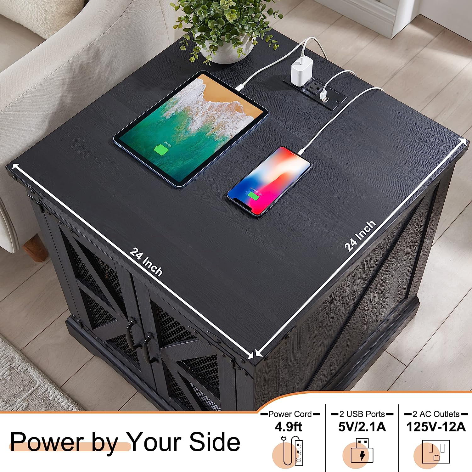 T4TREAM Nightstand with Adjustable Shelves, Farmhouse End Side Table with Charging Station for Bedroom Living Room, Black