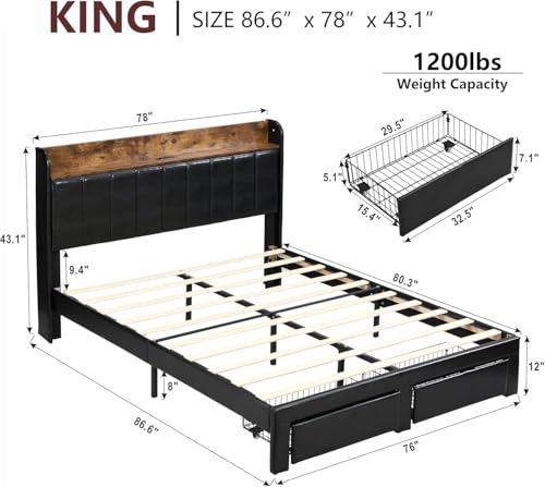Queen Bed Frame with Headboard & Charging Station, Upholstered Platform Bed Frame with 2 Storage Drawers, Sturdy Wooden Slats Support/No Box Spring Needed/Noise Free/Easy Assembly/White