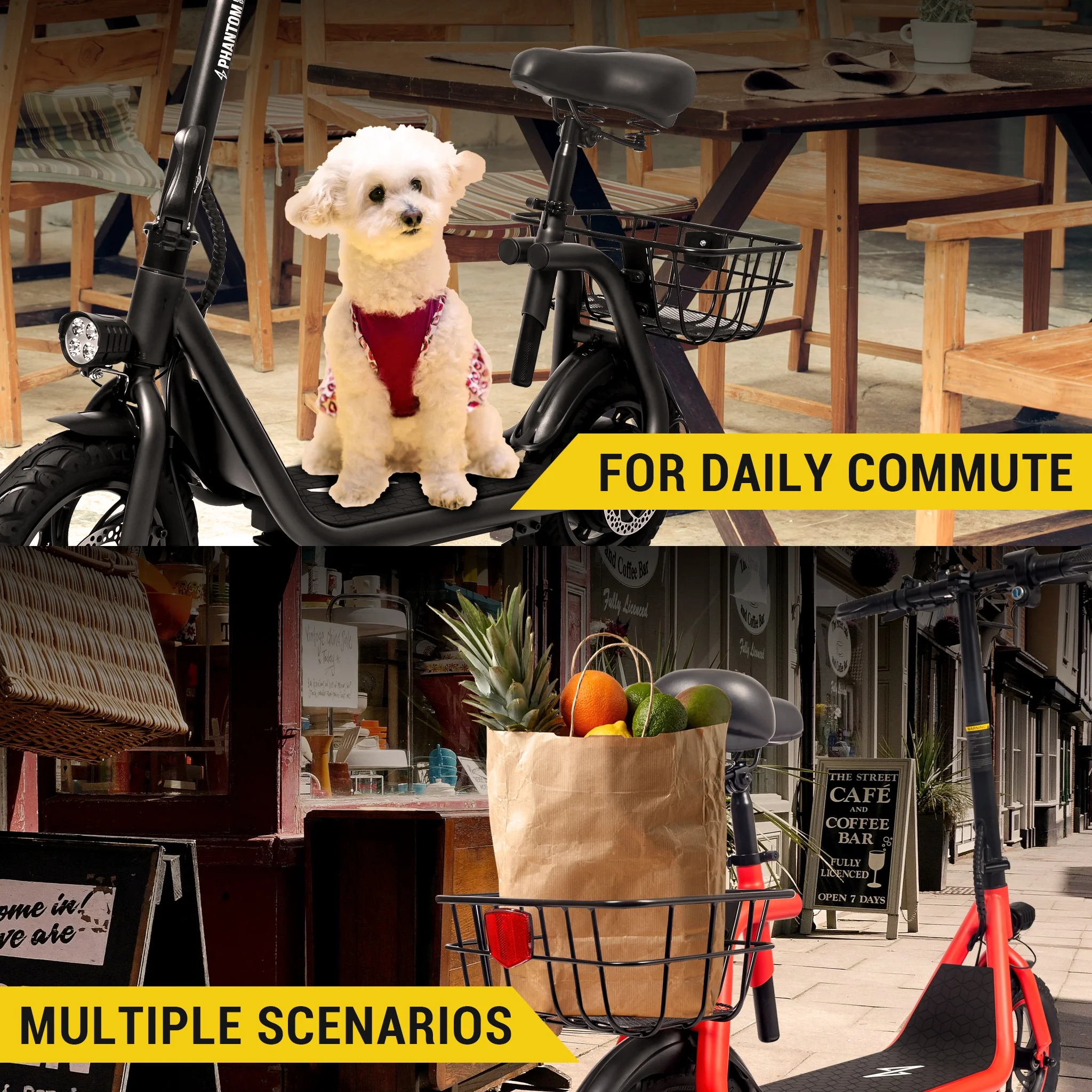 Phantomgogo Electric Scooter for Adults Foldable Scooter with Seat & Carry Basket E-Scooter with Brushless Motor 15MPH 265lbs Max Load E Mopeds for Adults Commuter - Curated Treasures Market