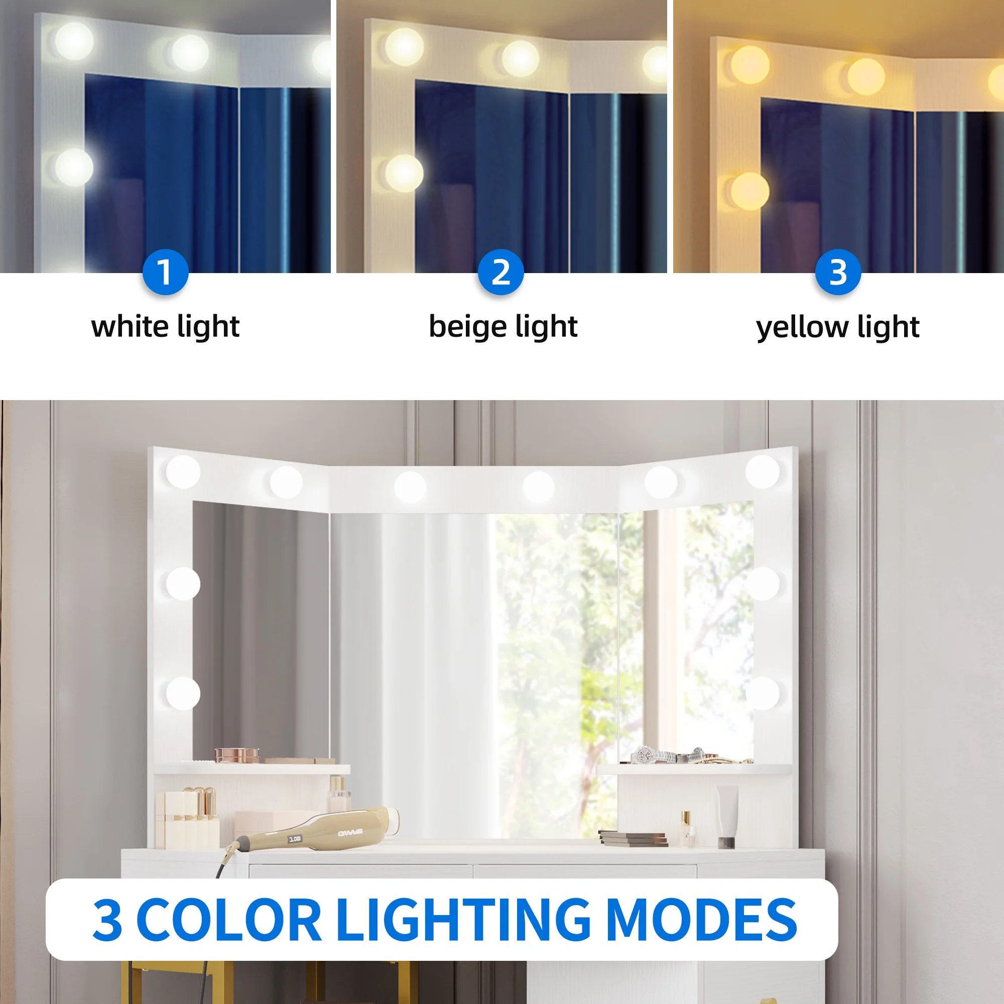 Dextrus Corner Vanity Desk With Lights & Mirror, Makeup Vanity with Shelf & 6 Drawers, Vanity Dressing Table for Makeup,Modern Desk Vanity for Bedroom, White