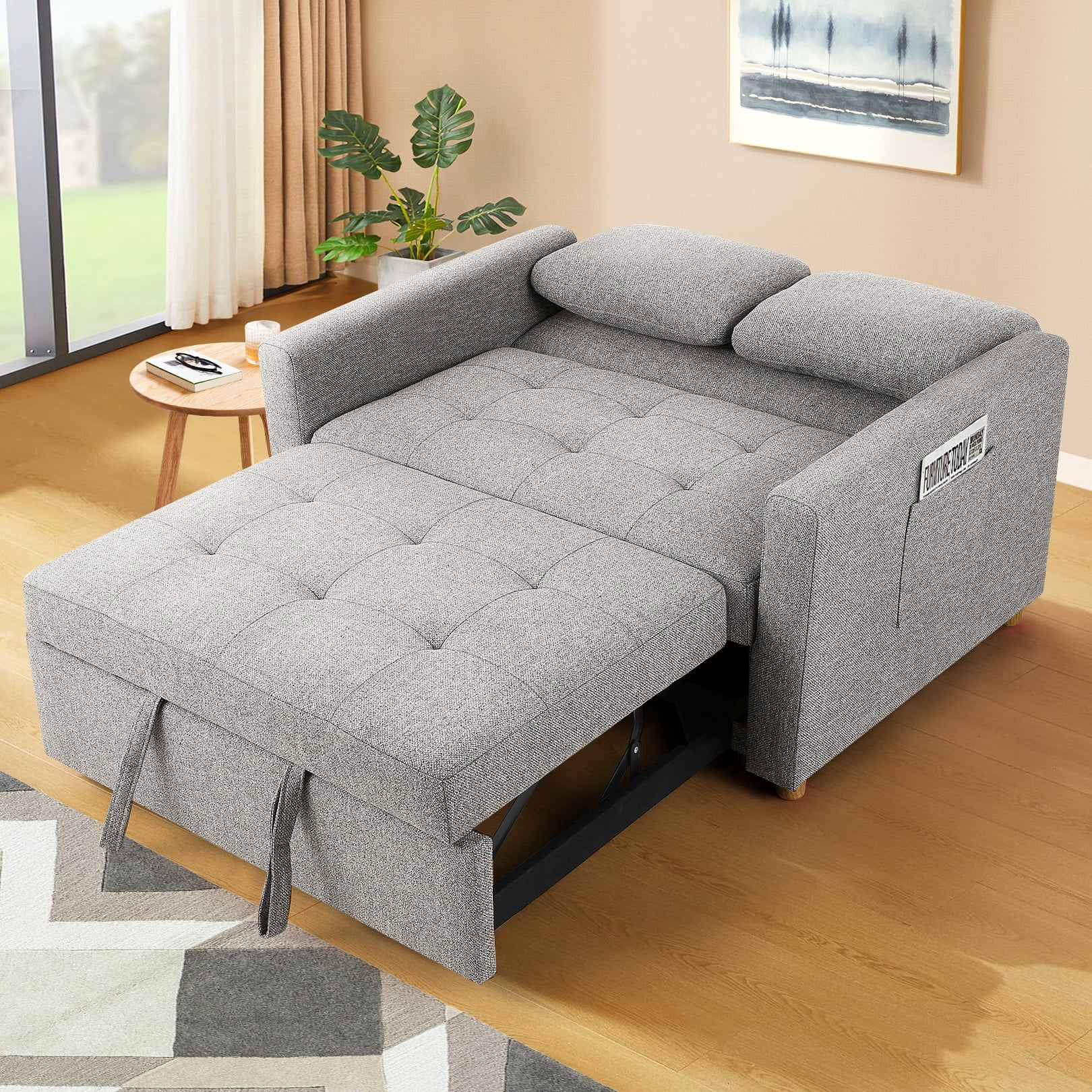 SEJOV Pull Out Sofa Bed 2 Seater Loveseats, Convertible Linen Sleeper Sofa Bed for Small Space with Adjsutable Backrest & Spring Support, Gray