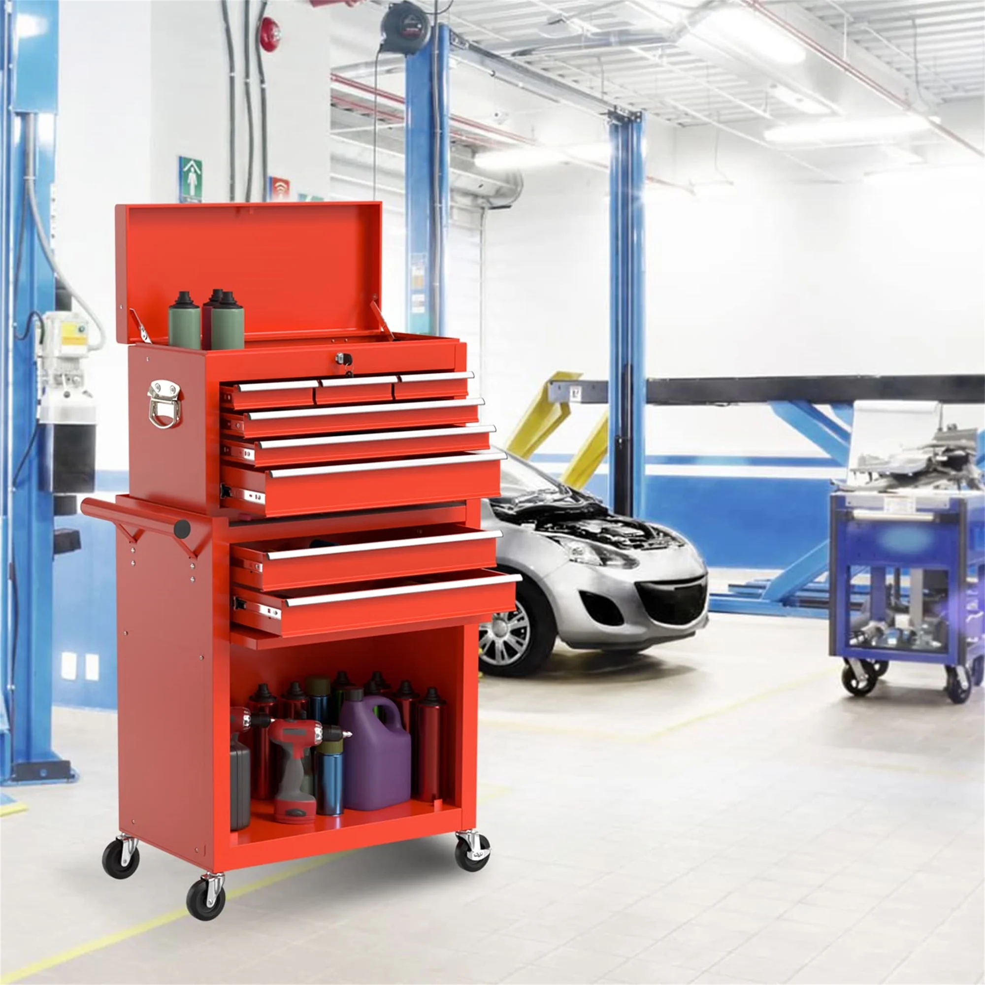 Aukfa Tool Chest, 2 in 1 Steel Rolling Tool Box & Cabinet On Wheels for Garage, 8-Drawer, Blue